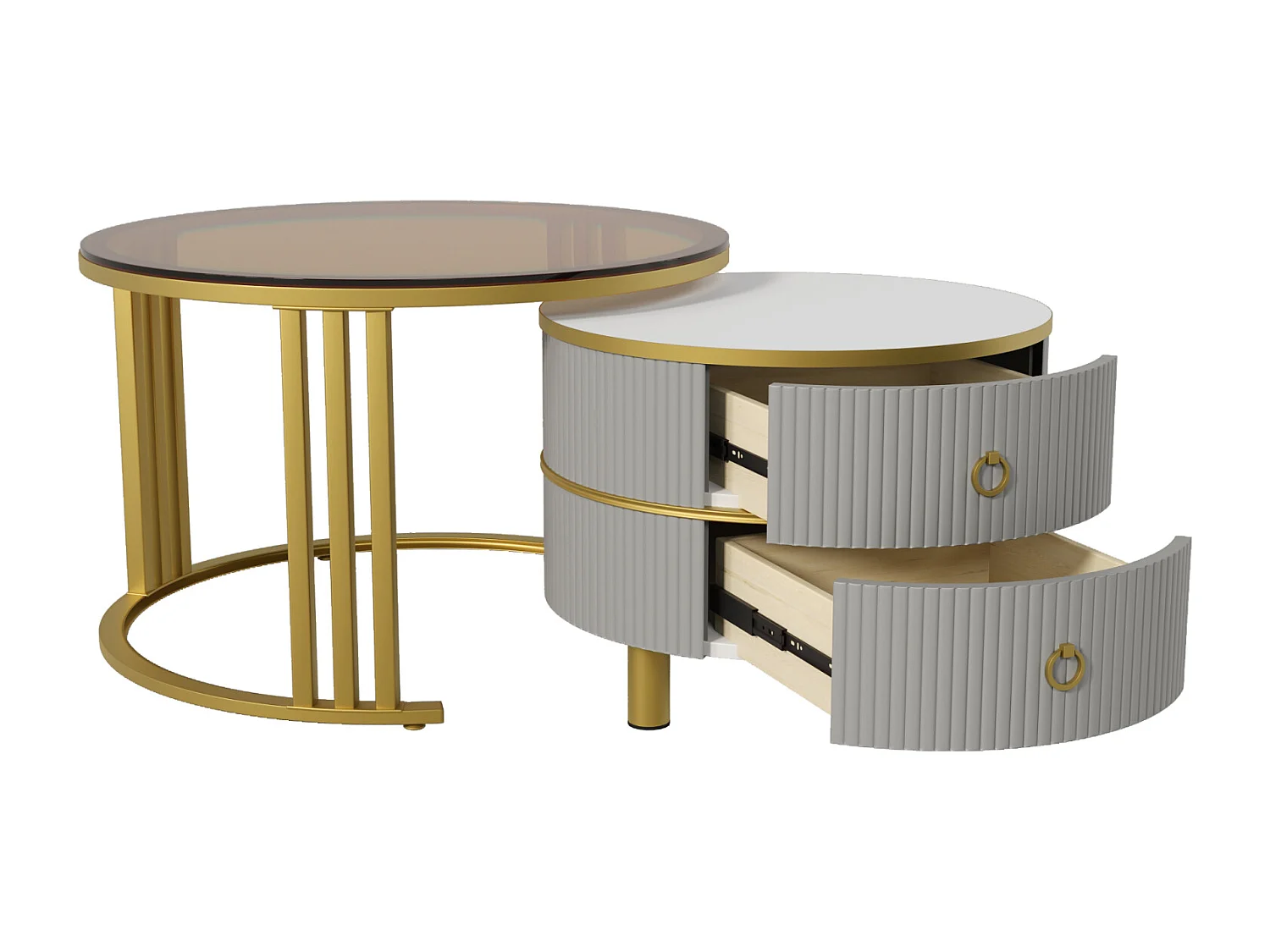 Set van 2 ronde salontafels, 70x50 cm - met bruin glazen blad, 2 lades, modern design - grijs