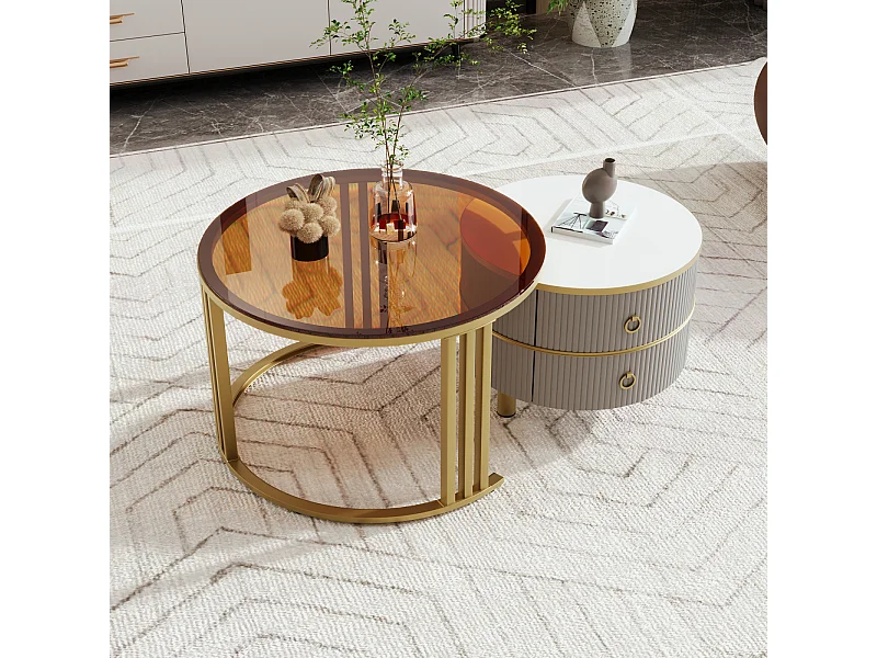 Set di 2 tavolini rotondi impilabili, 70x50 cm - con piano in vetro marrone, 2 cassetti, design moderno - Grigio