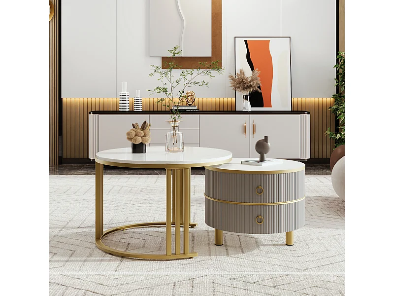 Set van 2 ronde salontafels, 70x50 cm - met bruin glazen blad, 2 lades, modern design - grijs