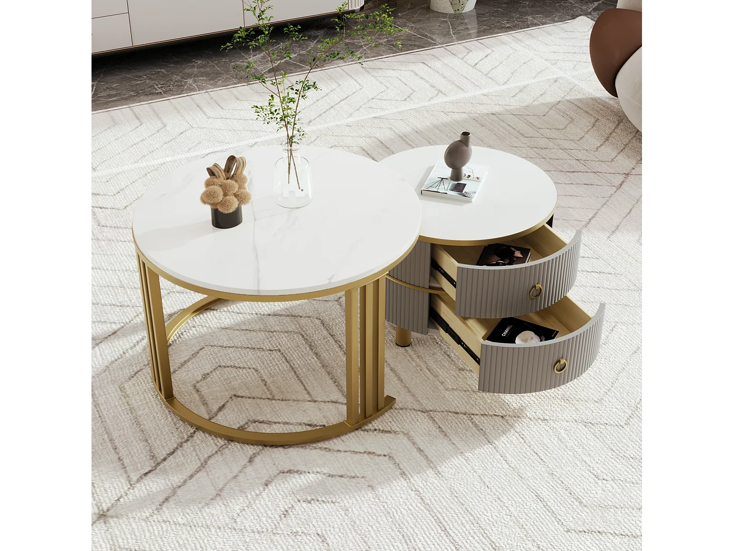 Set van 2 ronde salontafels, 70x50 cm - met bruin glazen blad, 2 lades, modern design - grijs