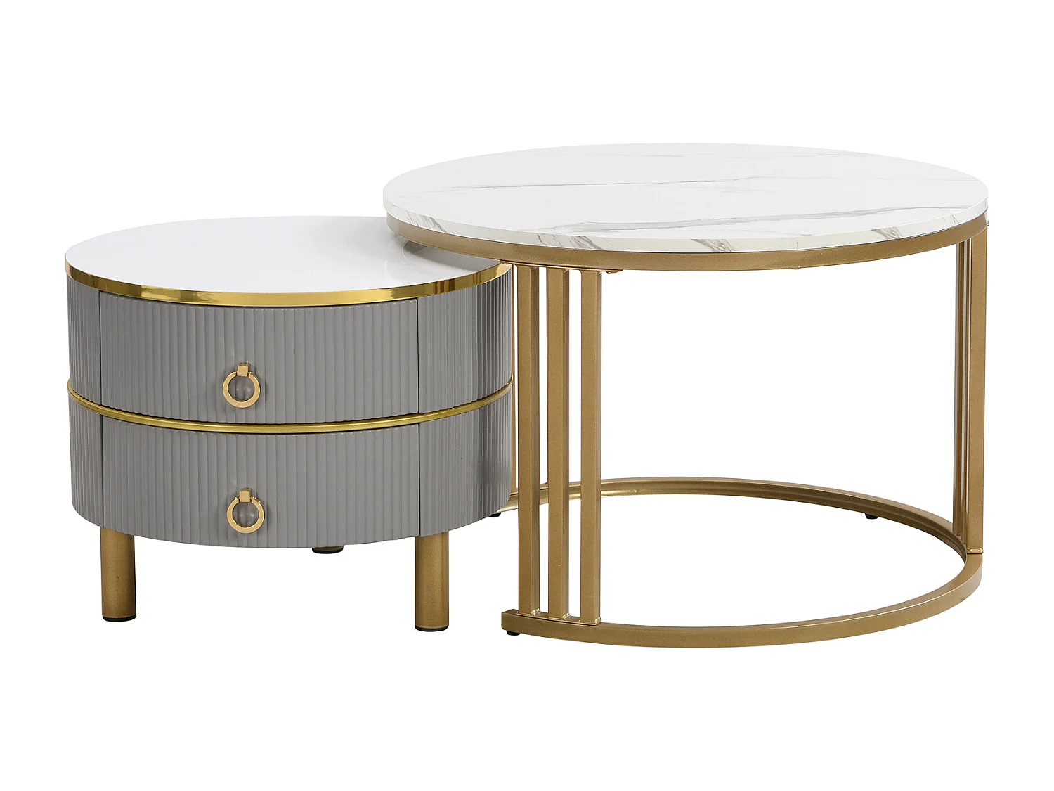 Set van 2 ronde salontafels, 70x50 cm - met bruin glazen blad, 2 lades, modern design - grijs