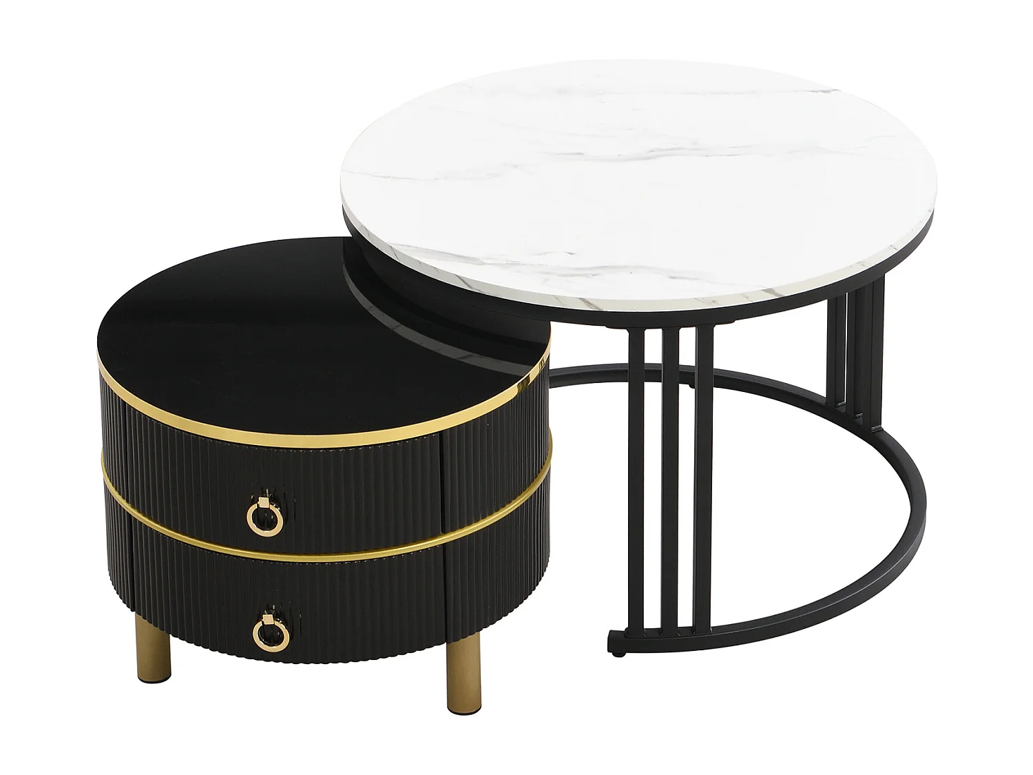 Conjunto de 2 mesas de centro redondas encaixáveis, 70x50 cm - com tampo em vidro castanho, 2 gavetas, design moderno - preto