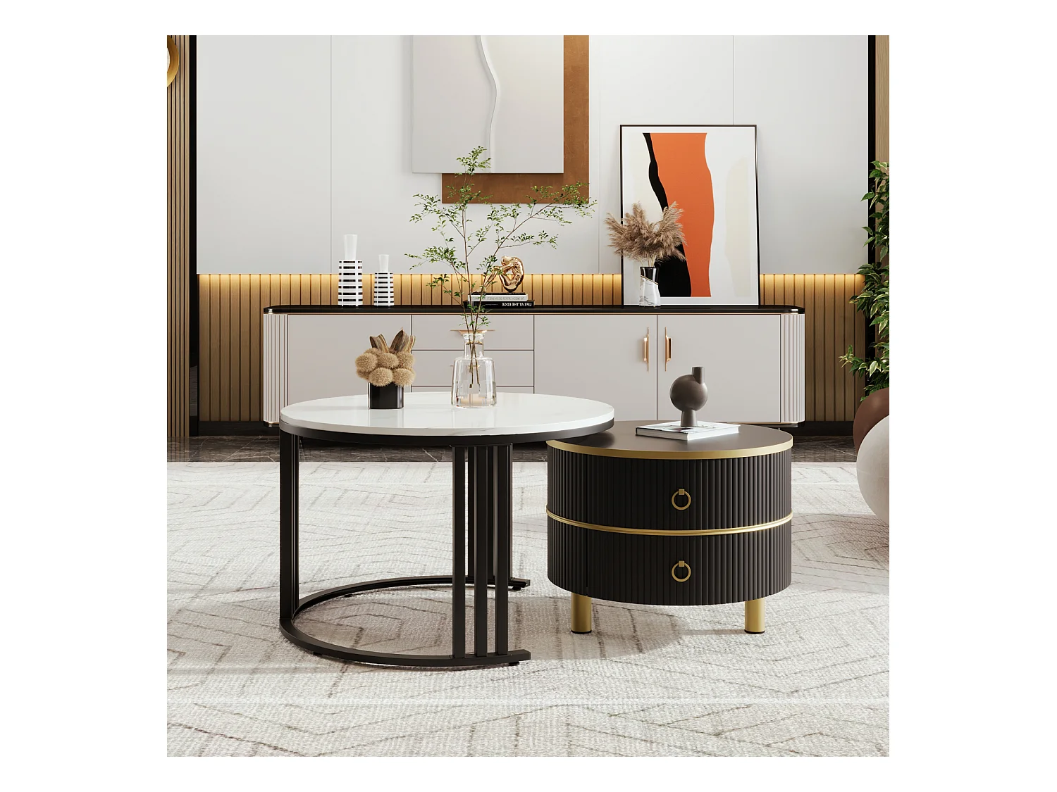 Lot de 2 Table basse gigogne ronde, 70x50 cm - avec plateau en verre brun, 2 tiroirs, design moderne - noir