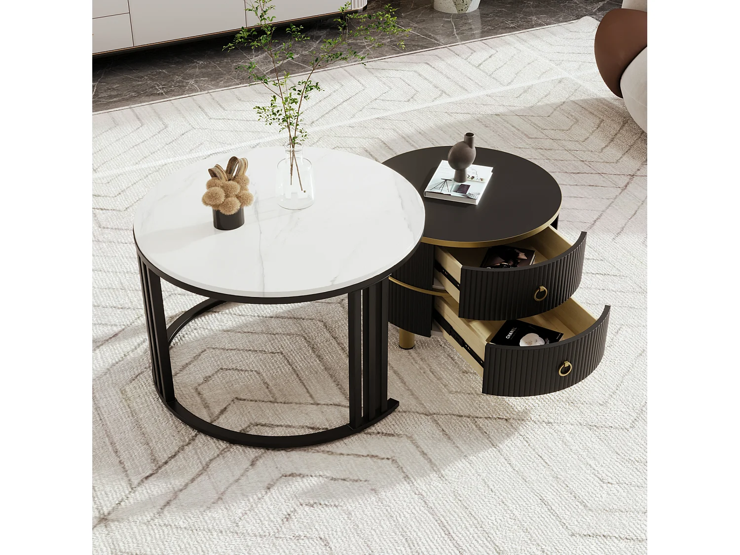 Set van 2 ronde salontafels, 70x50 cm - met bruin glazen blad, 2 lades, modern design - zwart