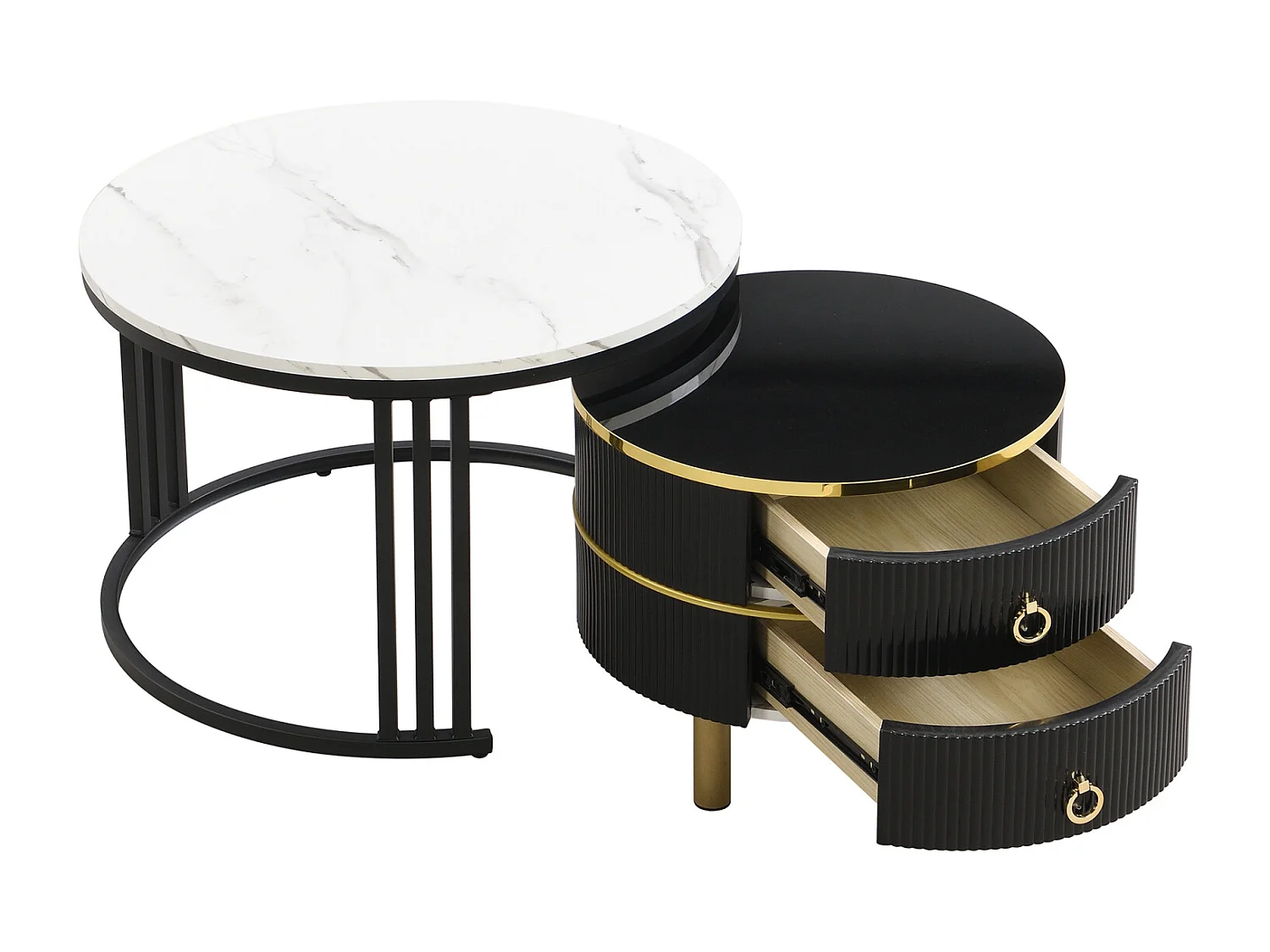 Set van 2 ronde salontafels, 70x50 cm - met bruin glazen blad, 2 lades, modern design - zwart