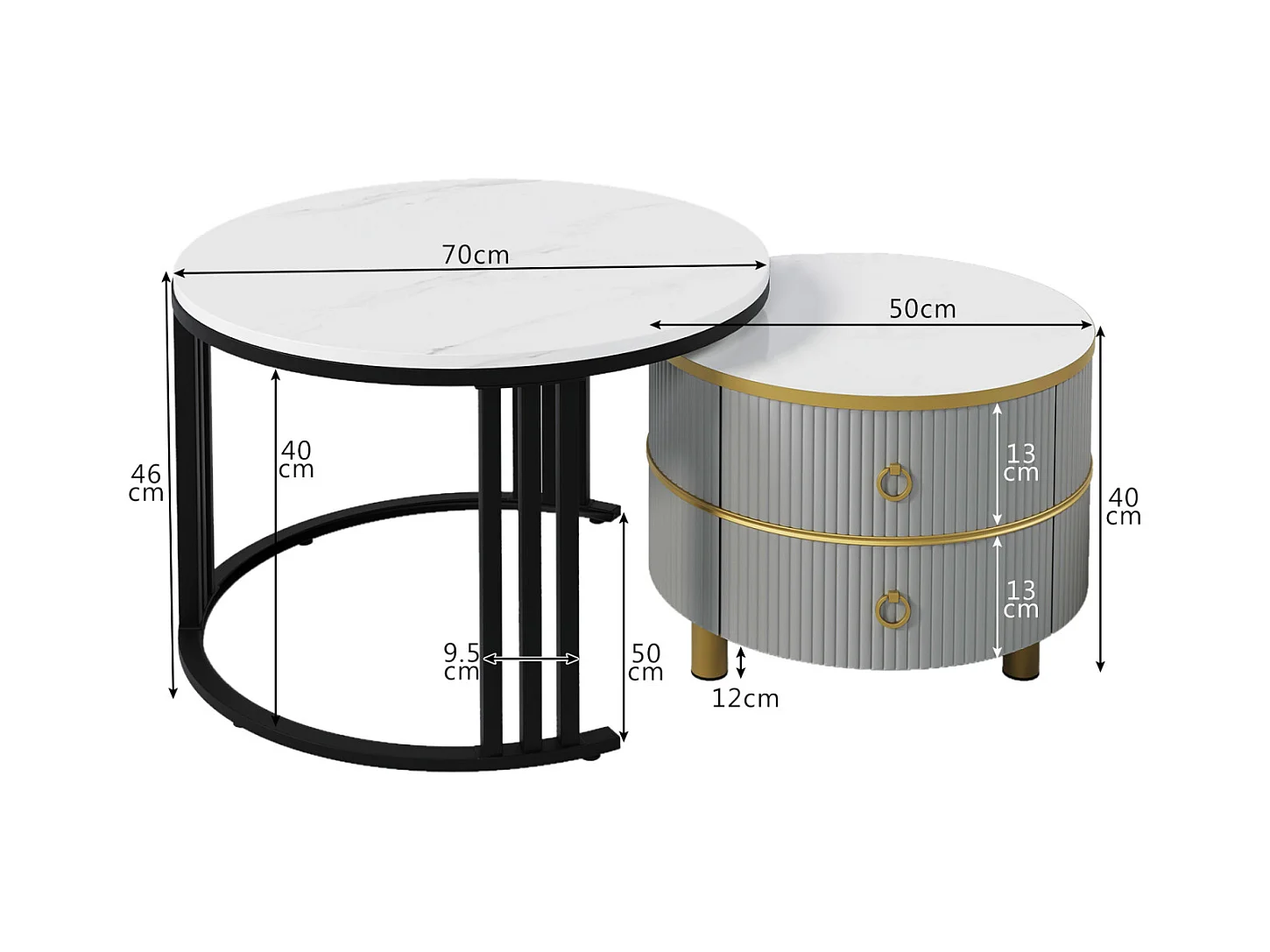 2er-Set runder Couchtische, 70x50 cm, mit brauner Glasplatte, 2 Schubladen, modernes Design, Grau