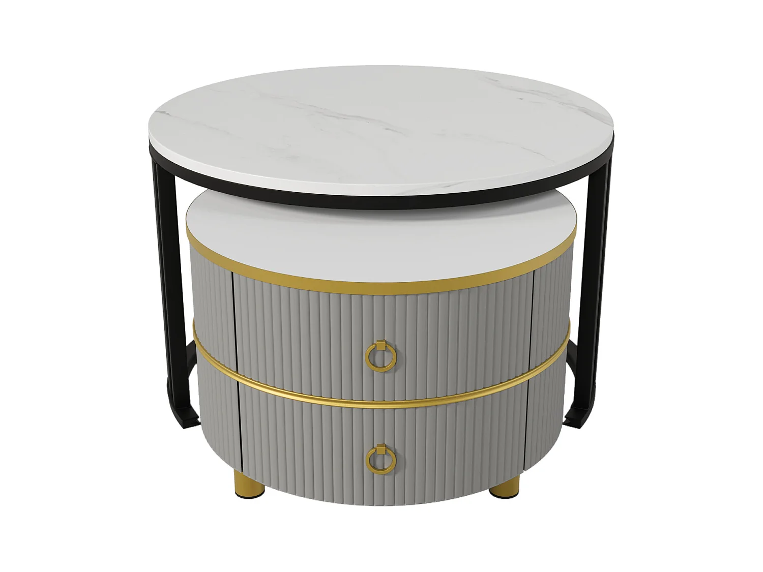 2er-Set runder Couchtische, 70x50 cm, mit brauner Glasplatte, 2 Schubladen, modernes Design, Grau