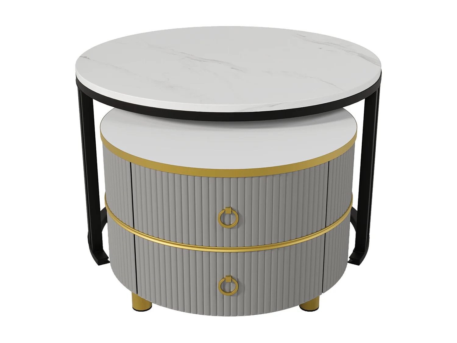 2er-Set runder Couchtische, 70x50 cm, mit brauner Glasplatte, 2 Schubladen, modernes Design, Grau