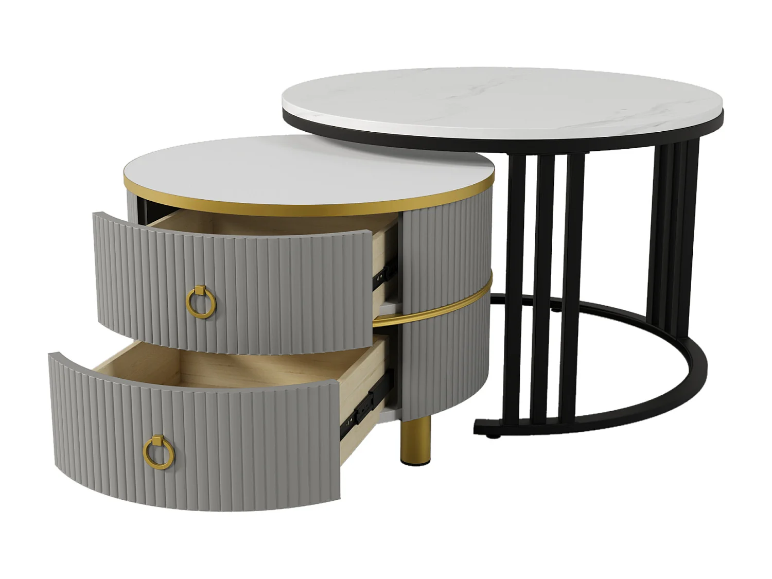 2er-Set runder Couchtische, 70x50 cm, mit brauner Glasplatte, 2 Schubladen, modernes Design, Grau