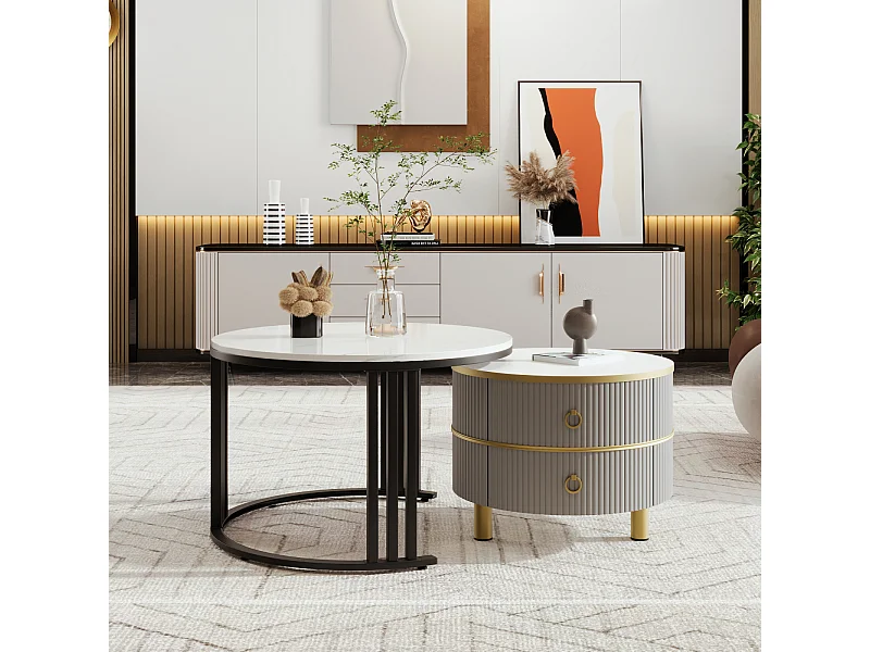 Set van 2 ronde salontafels, 70x50 cm - met bruin glazen blad, 2 lades, modern design - grijs