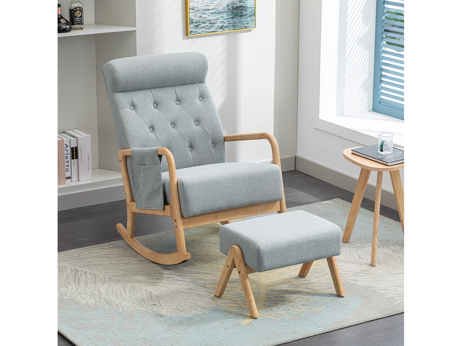 Fauteuil à bascule confortable avec ottoman, Rocking chair mousse avec rembourrage en lin, supporte 300 lb 65x85x94cm, gris clair
