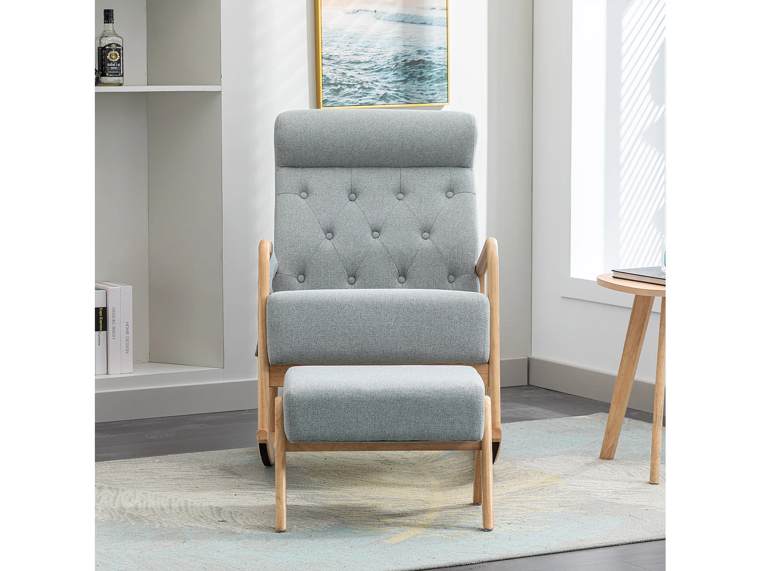 Fauteuil à bascule confortable avec ottoman, Rocking chair mousse avec rembourrage en lin, supporte 300 lb 65x85x94cm, gris clair
