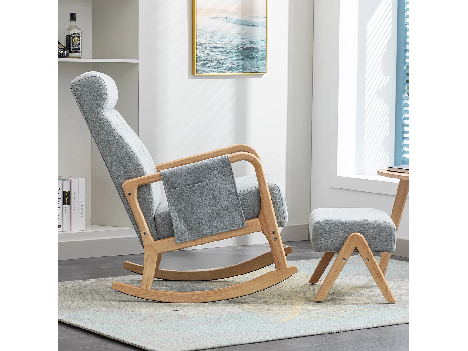 Fauteuil à bascule confortable avec ottoman, Rocking chair mousse avec rembourrage en lin, supporte 300 lb 65x85x94cm, gris clair