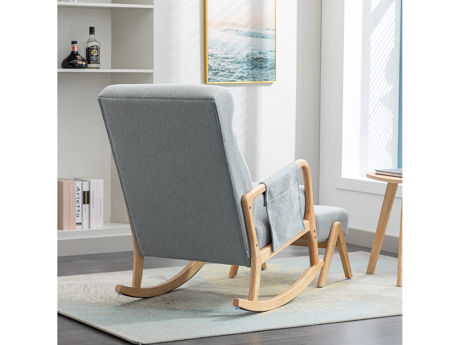 Fauteuil à bascule confortable avec ottoman, Rocking chair mousse avec rembourrage en lin, supporte 300 lb 65x85x94cm, gris clair