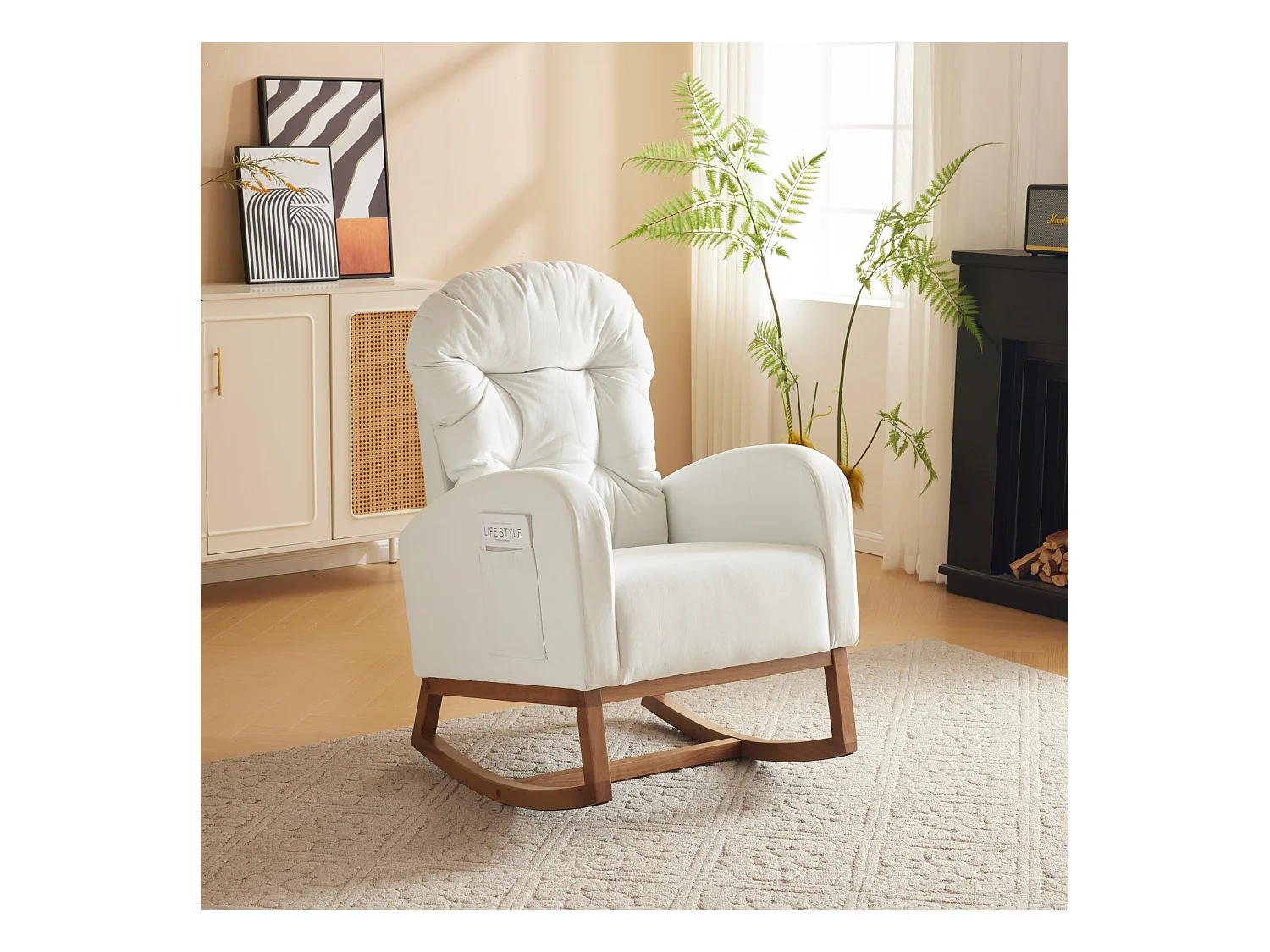 Schommelstoel, gestoffeerde chaise longue voor woonkamer, massief houten poten 68,5x101x88cm, wit
