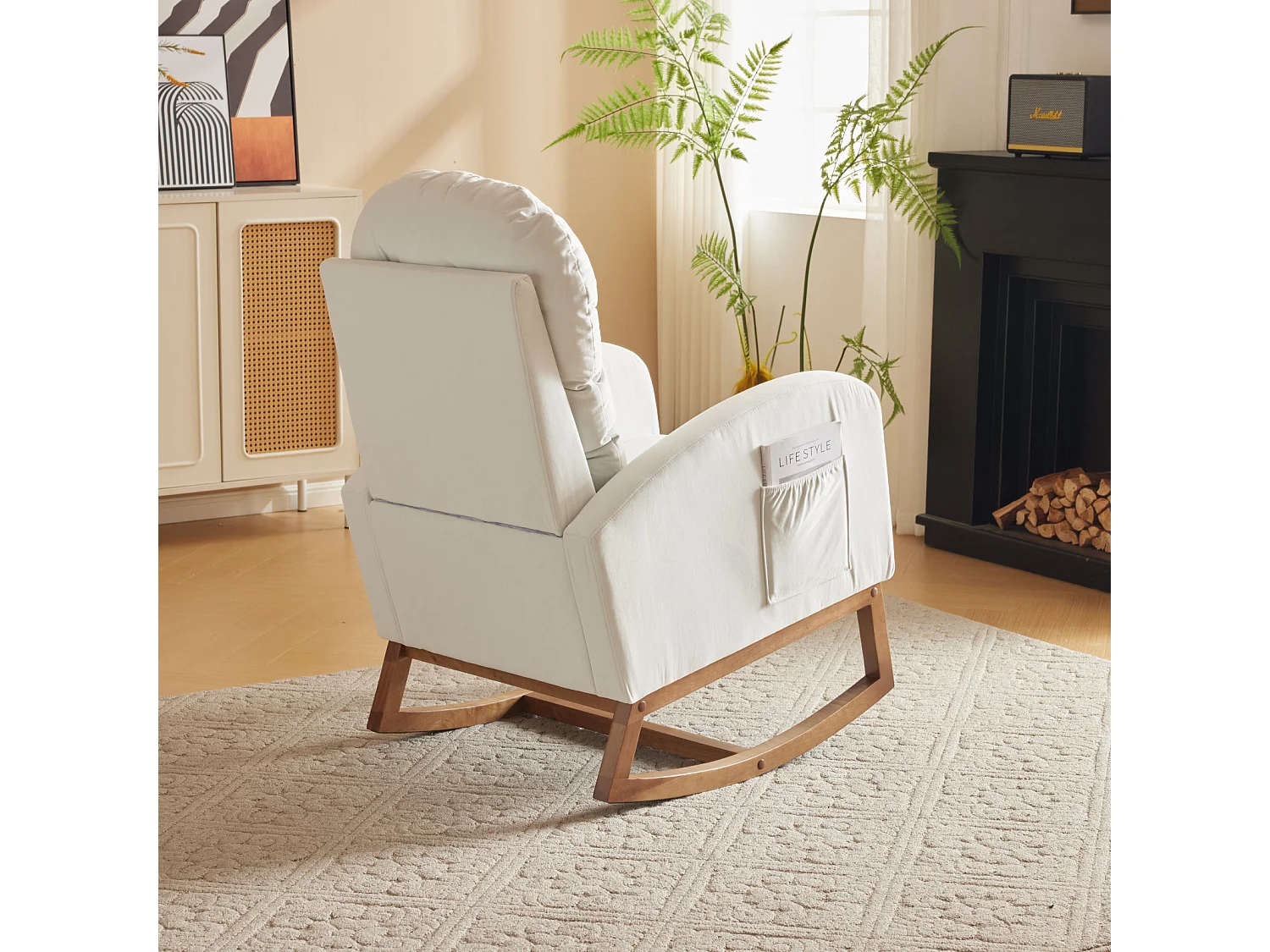 Schommelstoel, gestoffeerde chaise longue voor woonkamer, massief houten poten 68,5x101x88cm, wit