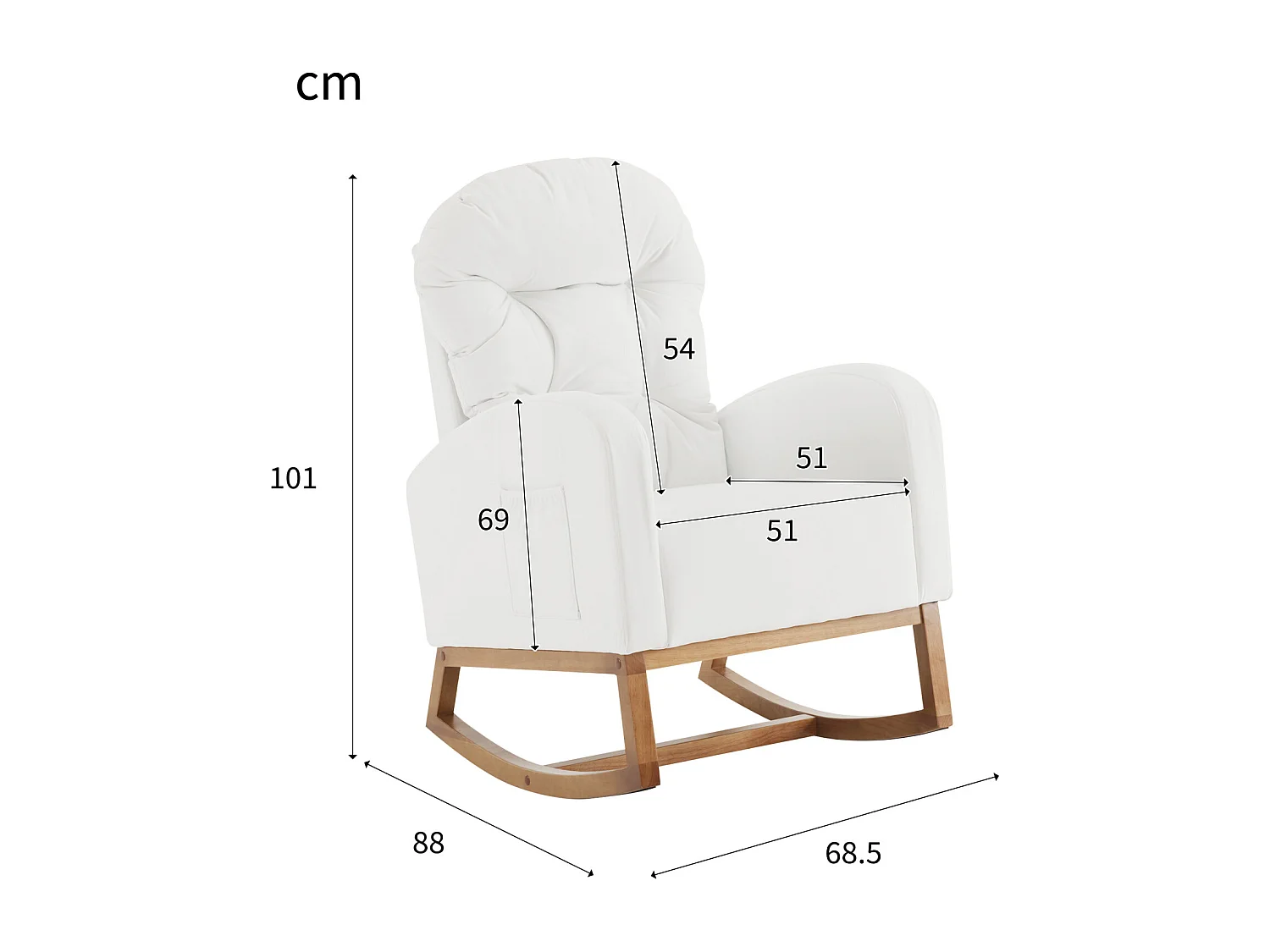 Schommelstoel, gestoffeerde chaise longue voor woonkamer, massief houten poten 68,5x101x88cm, wit