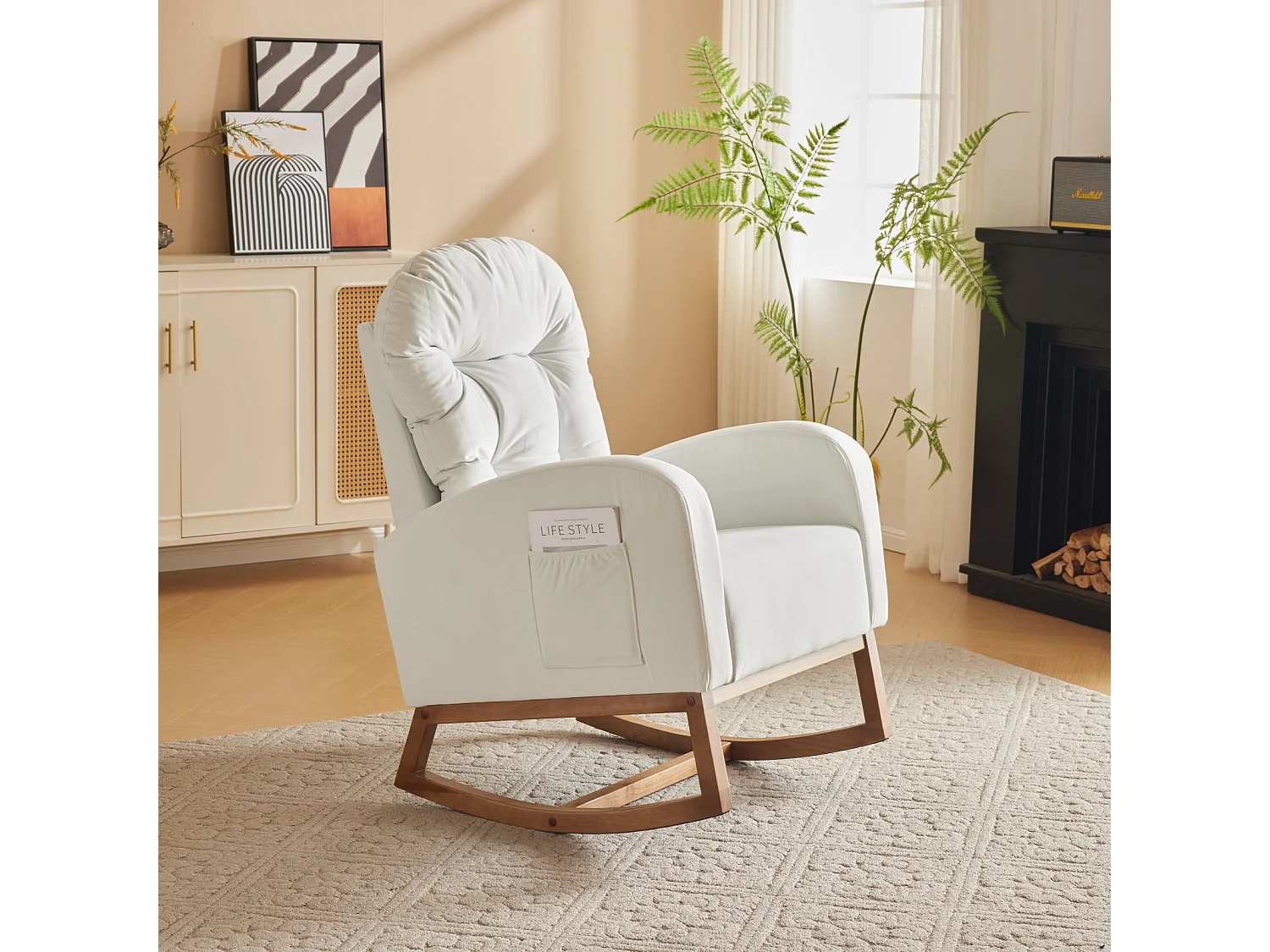 Schommelstoel, gestoffeerde chaise longue voor woonkamer, massief houten poten 68,5x101x88cm, wit