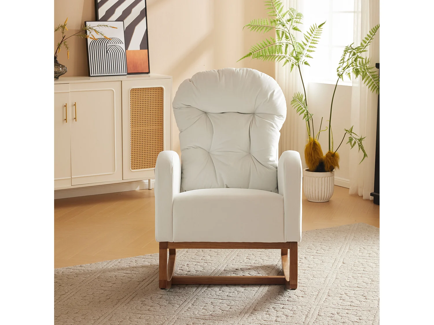 Schommelstoel, gestoffeerde chaise longue voor woonkamer, massief houten poten 68,5x101x88cm, wit