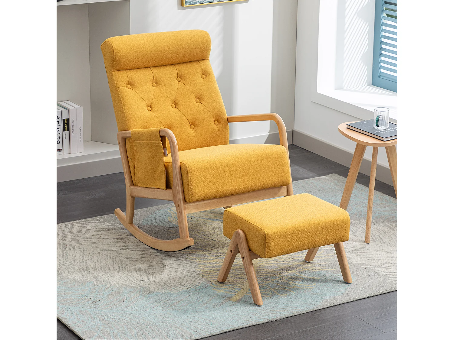 Comfortabele schommelstoel met voetenbank, schommelstoel van schuim met linnen bekleding, ondersteunt 300 lbs 65x85x94cm, Yellowv