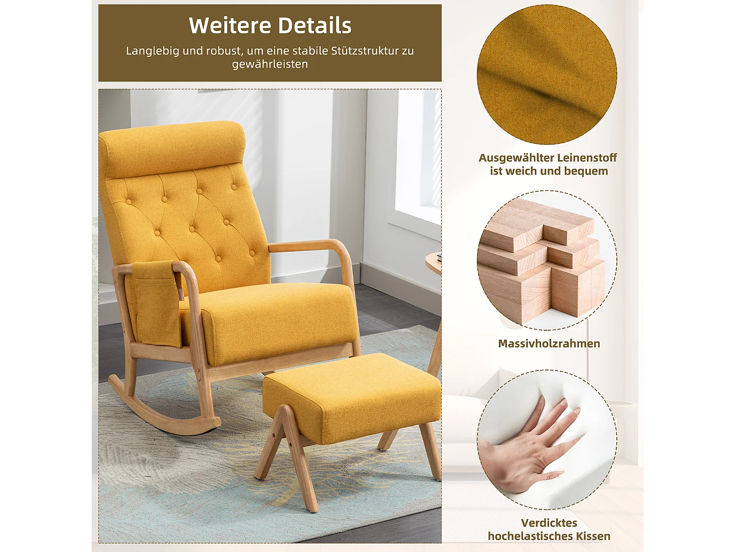 Comfortabele schommelstoel met voetenbank, schommelstoel van schuim met linnen bekleding, ondersteunt 300 lbs 65x85x94cm, Yellowv