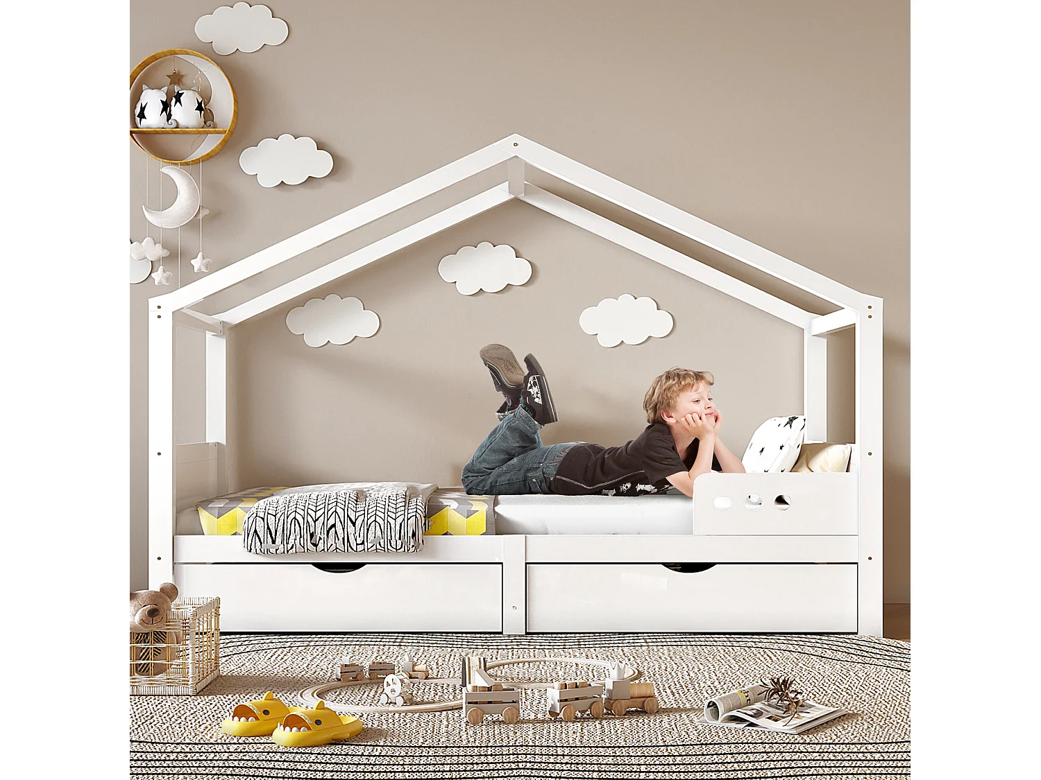 Letto a soppalco per bambini 90 x 200 cm, struttura in pino con 2 cassetti e rete a doghe, senza materasso, bianco