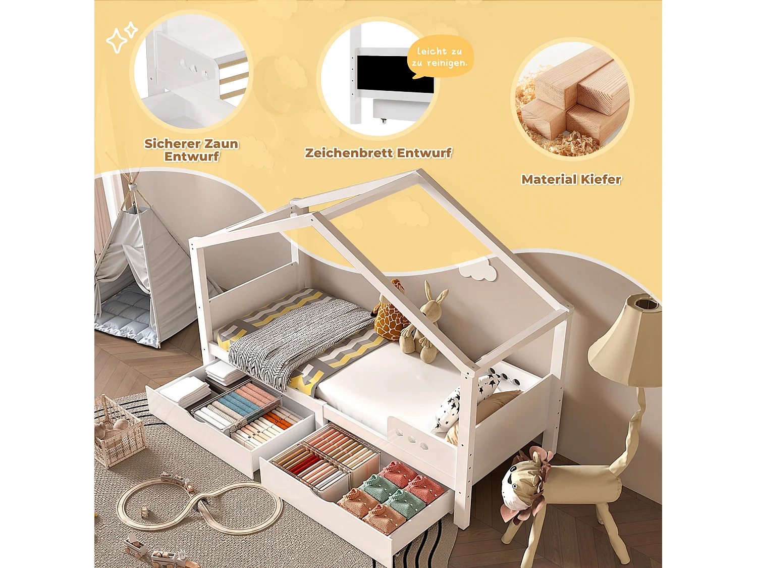 Letto a soppalco per bambini 90 x 200 cm, struttura in pino con 2 cassetti e rete a doghe, senza materasso, bianco