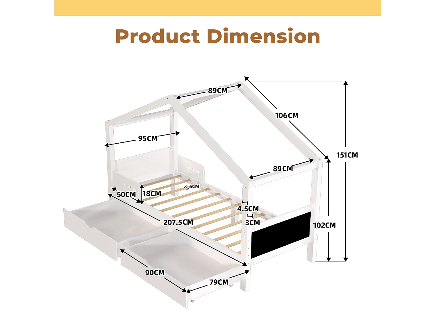 Letto a soppalco per bambini 90 x 200 cm, struttura in pino con 2 cassetti e rete a doghe, senza materasso, bianco