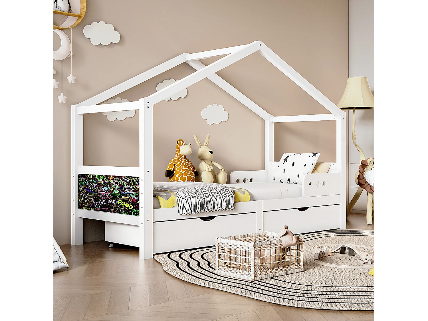 Letto a soppalco per bambini 90 x 200 cm, struttura in pino con 2 cassetti e rete a doghe, senza materasso, bianco