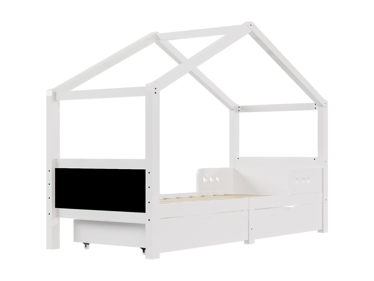 Letto a soppalco per bambini 90 x 200 cm, struttura in pino con 2 cassetti e rete a doghe, senza materasso, bianco