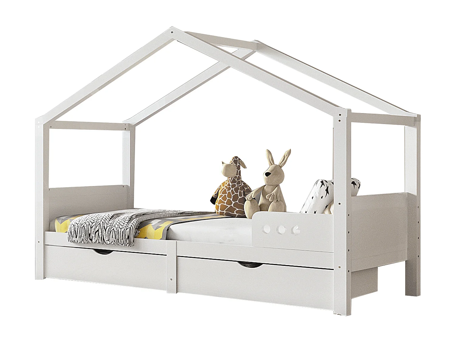 Letto a soppalco per bambini 90 x 200 cm, struttura in pino con 2 cassetti e rete a doghe, senza materasso, bianco