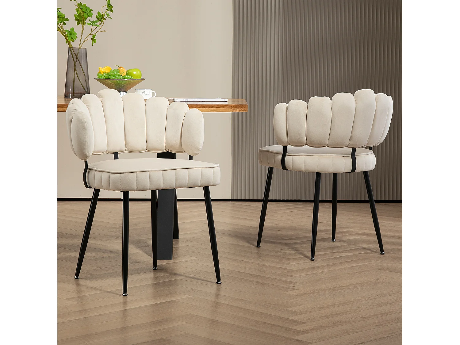 Set van 2 zachte fluwelen eetkamerstoelen, comfortabele gestoffeerde woonkamerstoel, make-upkamer/slaapkamer, moderne vingervormige rugleuning, kaptafel beige