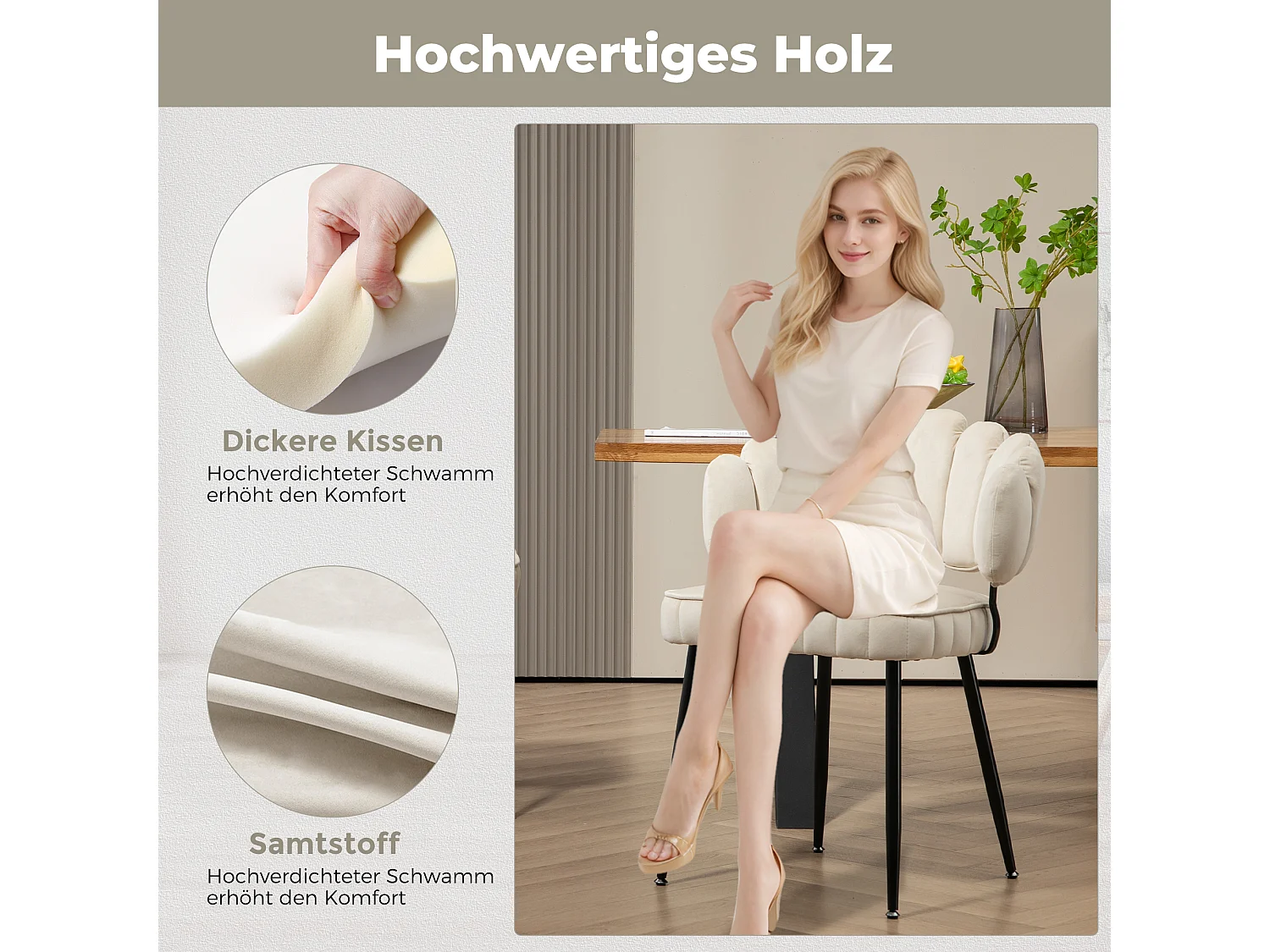 Set van 2 zachte fluwelen eetkamerstoelen, comfortabele gestoffeerde woonkamerstoel, make-upkamer/slaapkamer, moderne vingervormige rugleuning, kaptafel beige