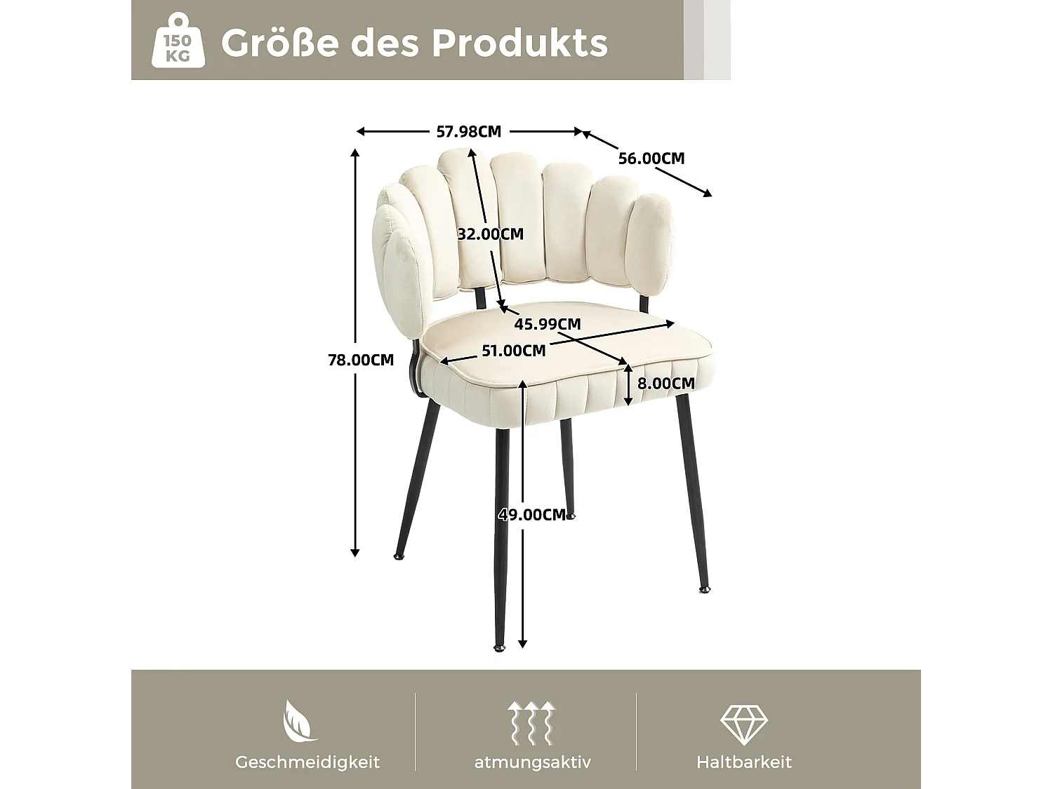 Set van 2 zachte fluwelen eetkamerstoelen, comfortabele gestoffeerde woonkamerstoel, make-upkamer/slaapkamer, moderne vingervormige rugleuning, kaptafel beige