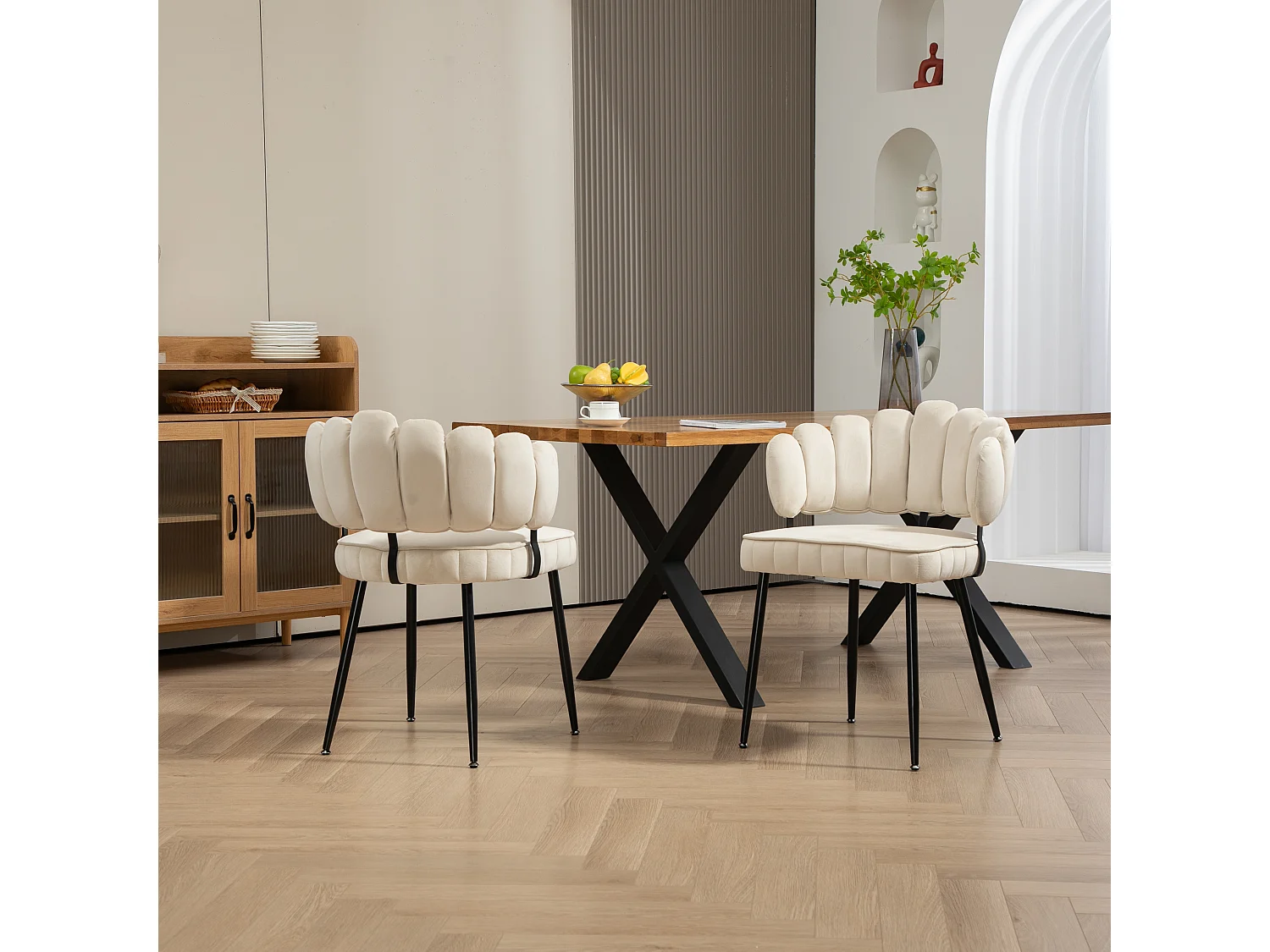Set van 2 zachte fluwelen eetkamerstoelen, comfortabele gestoffeerde woonkamerstoel, make-upkamer/slaapkamer, moderne vingervormige rugleuning, kaptafel beige