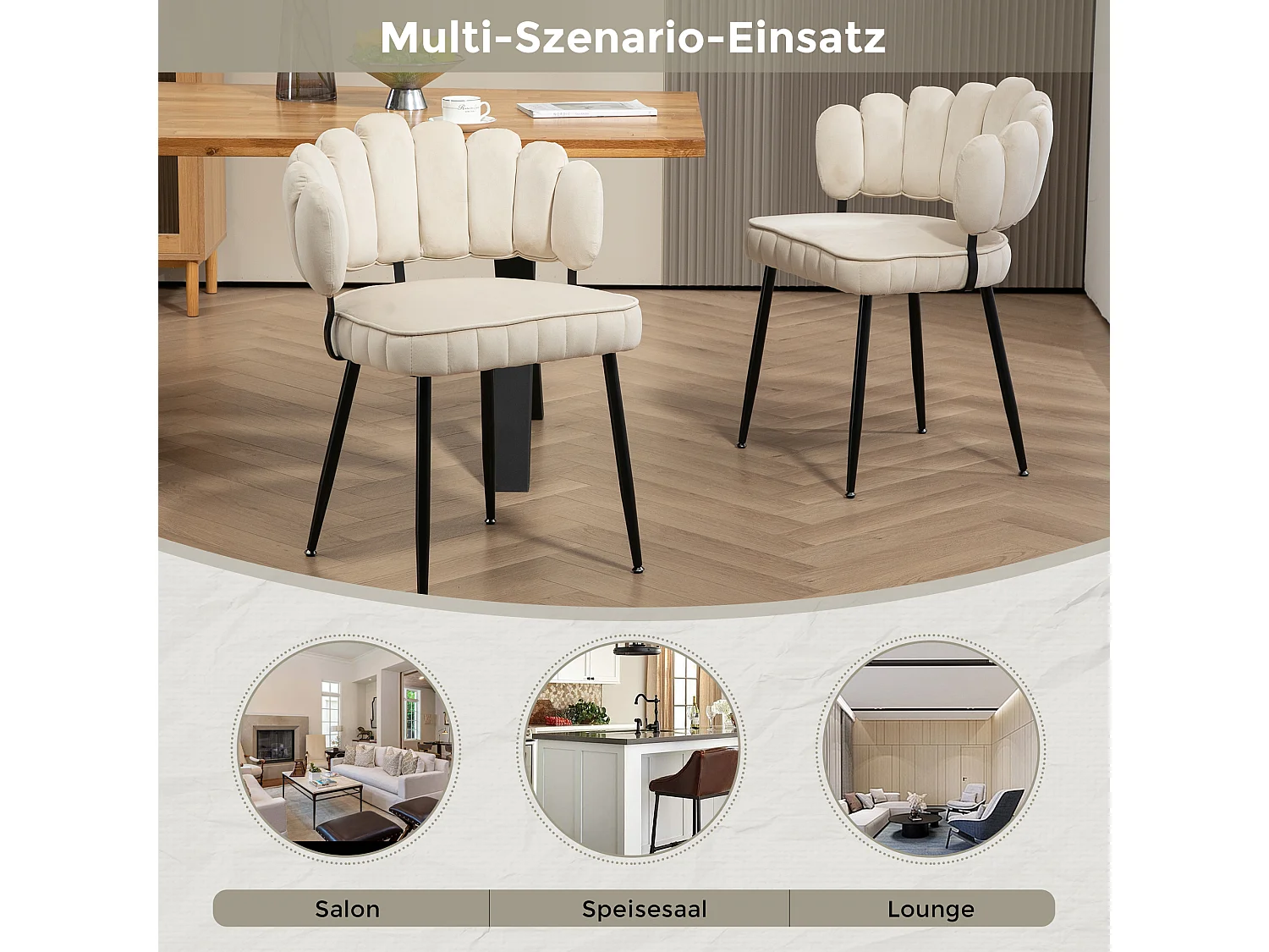 Set van 2 zachte fluwelen eetkamerstoelen, comfortabele gestoffeerde woonkamerstoel, make-upkamer/slaapkamer, moderne vingervormige rugleuning, kaptafel beige