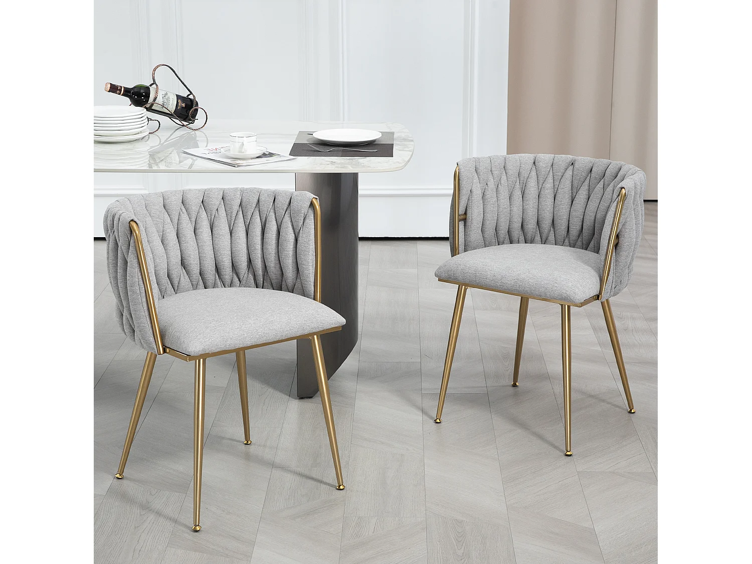 Chaise de salle à manger décontractée, canapé, chaise longue rembourrée en tissu de lin (pieds en fer), 2 pièces/ensemble, Gris