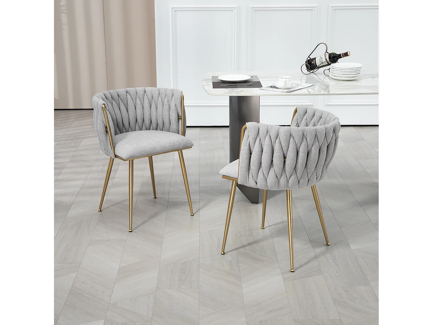 Chaise de salle à manger décontractée, canapé, chaise longue rembourrée en tissu de lin (pieds en fer), 2 pièces/ensemble, Gris