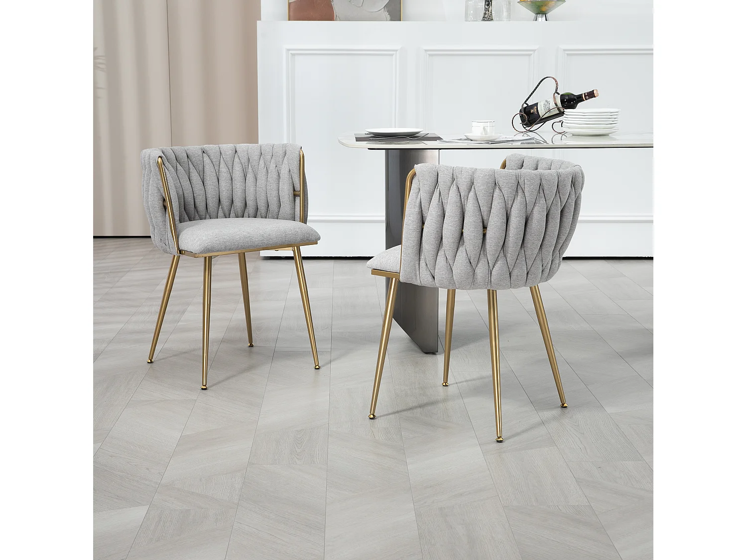 Chaise de salle à manger décontractée, canapé, chaise longue rembourrée en tissu de lin (pieds en fer), 2 pièces/ensemble, Gris