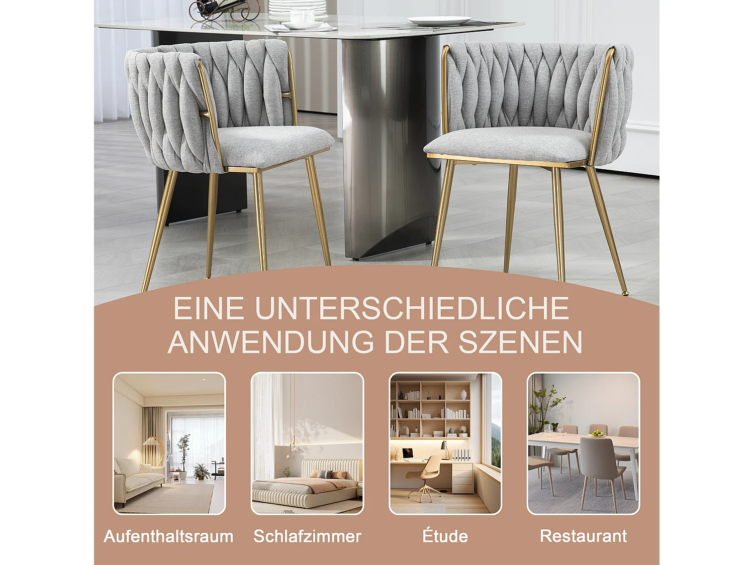 Chaise de salle à manger décontractée, canapé, chaise longue rembourrée en tissu de lin (pieds en fer), 2 pièces/ensemble, Gris