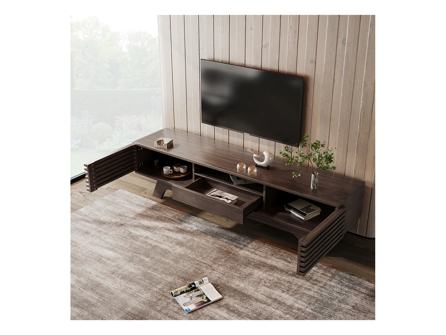 Meuble TV 150x40x44.5cm- avec tiroir et 2 portes - Design unique, couleur bois vintage.