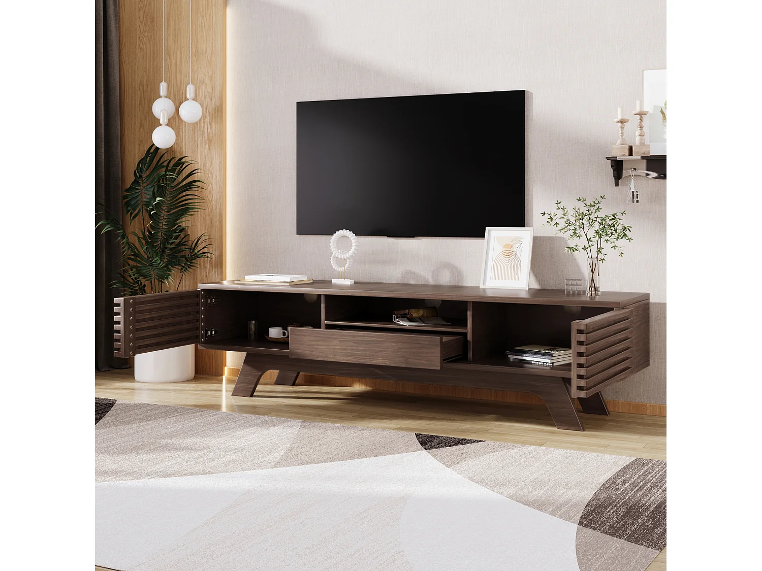 Meuble TV 150x40x44.5cm- avec tiroir et 2 portes - Design unique, couleur bois vintage.