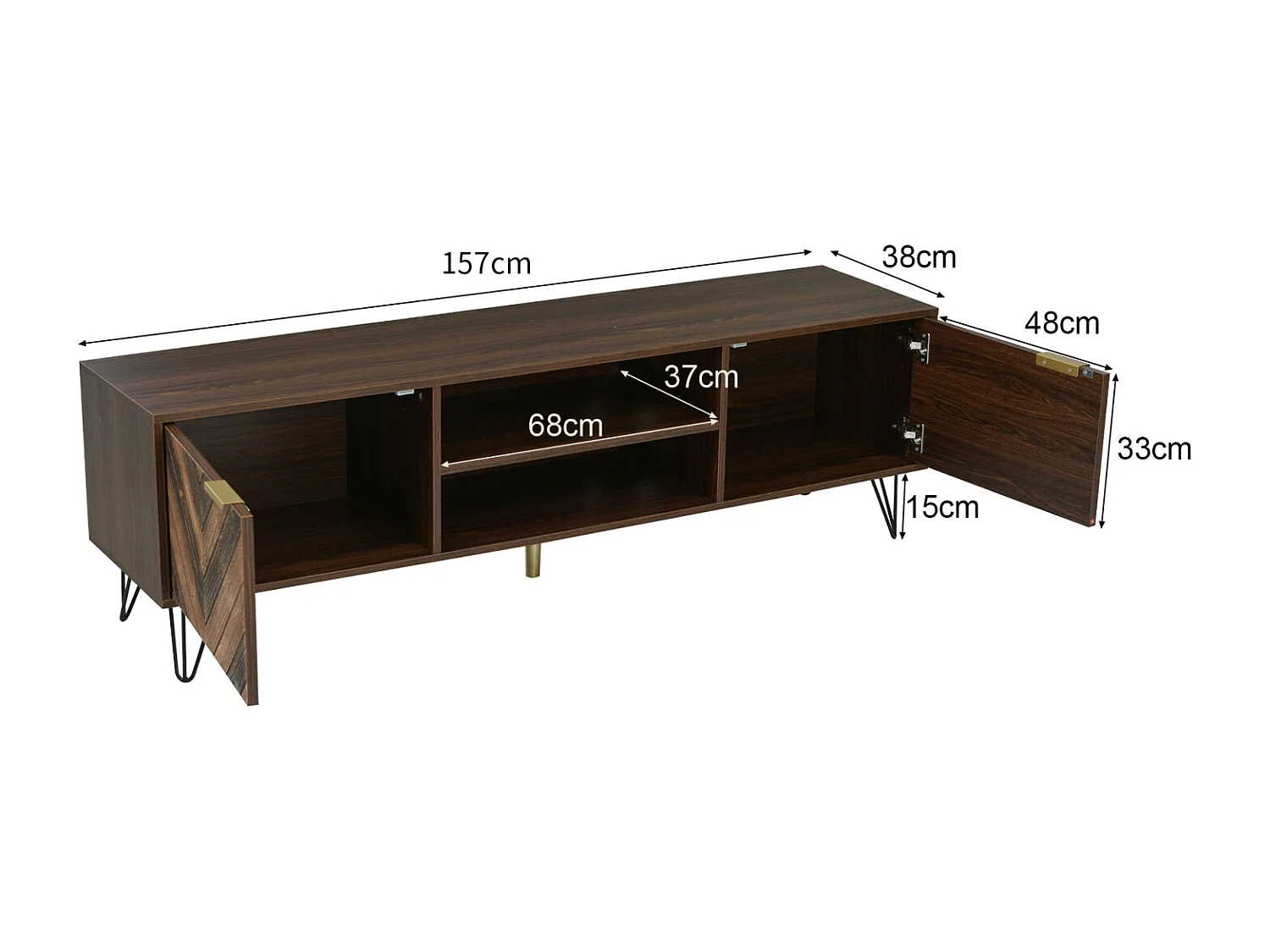 TV-Schrank 160x38x47cm - 2-türiger Fernsehschrank in Massivholzfurnier mit 2 Fächern, goldenen Griffen und Eisenfüßen - braun
