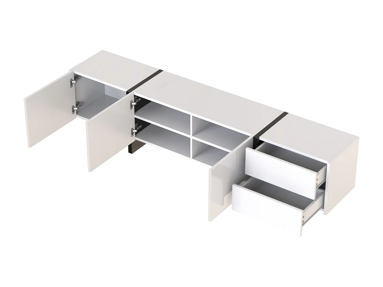 TV-Schrank 190x35x45cm, mit 3 Türen und 2 Schubladen, Innenregale, glänzend, moderner Stil, schlichtes geradliniges Design, weiß