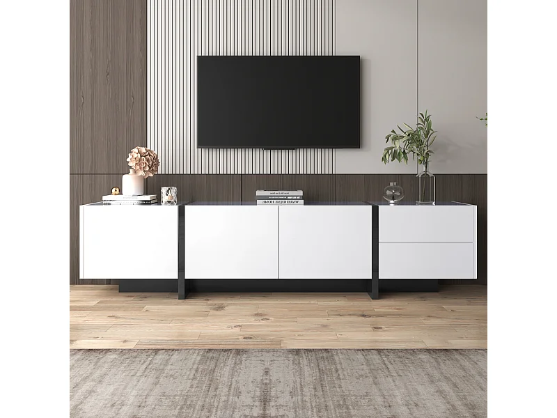 Meuble TV 190x35x45cm, avec 3 portes et 2 tiroirs, étagères intérieurs, brillant, style moderne, design linéaire simple, blanc