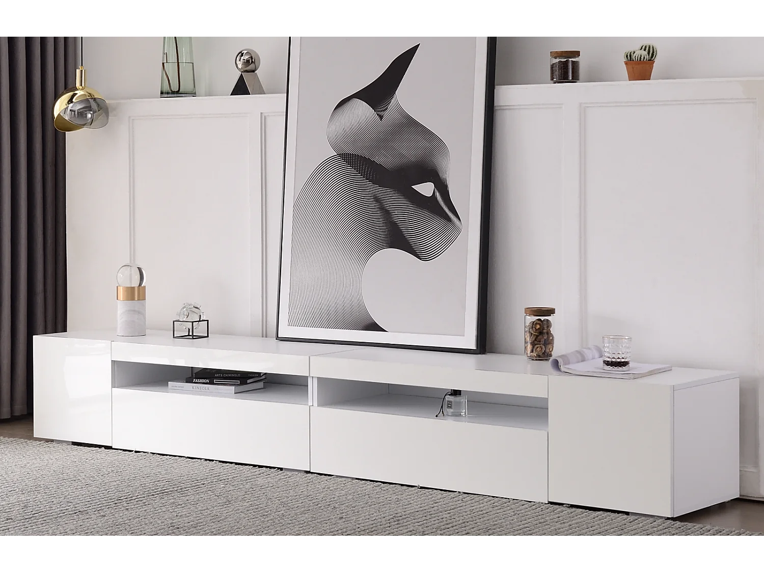 Meuble TV moderne blanc, panneau lumineux, éclairage LED variable, salon et salle à manger 240cm (panneau brillant, pas brillant)