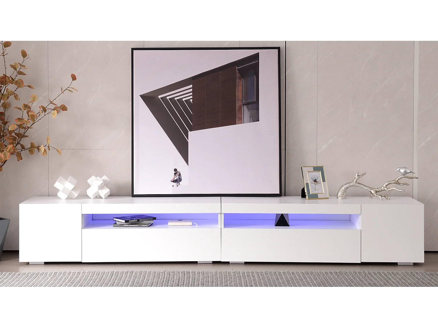 Meuble TV moderne blanc, panneau lumineux, éclairage LED variable, salon et salle à manger 240cm (panneau brillant, pas brillant)