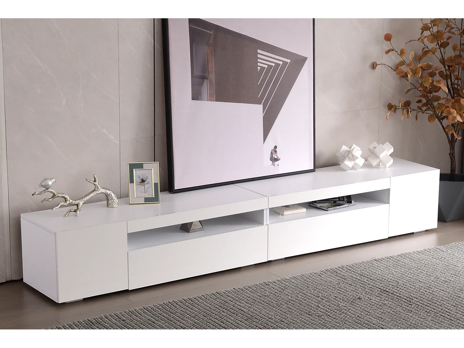 Meuble TV moderne blanc, panneau lumineux, éclairage LED variable, salon et salle à manger 240cm (panneau brillant, pas brillant)