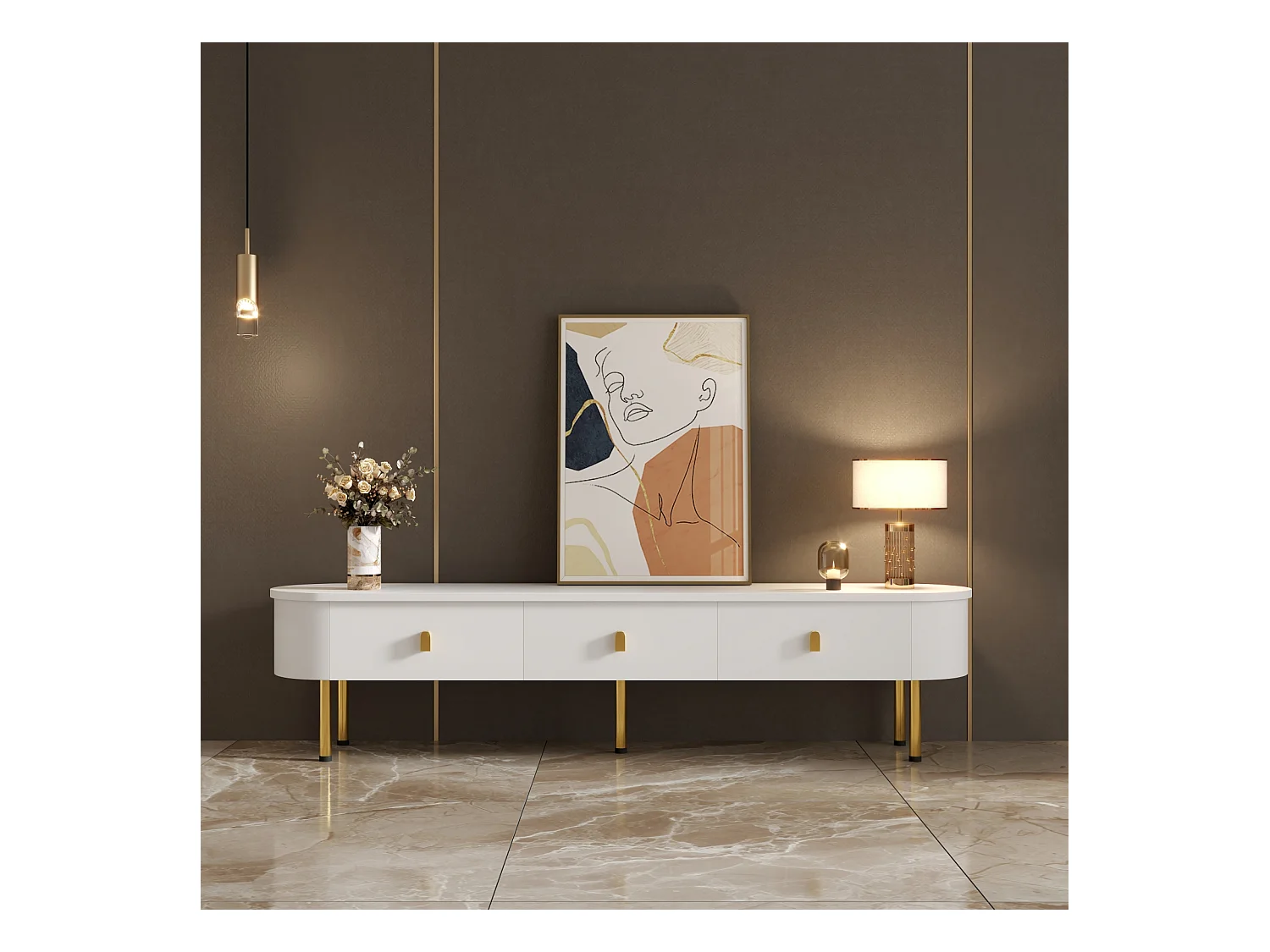 Meuble TV 174x35x41cm - Meuble Lowboard avec 3 tiroirs, poignées et pieds dorés, coins incurvés - en MDF Blanc