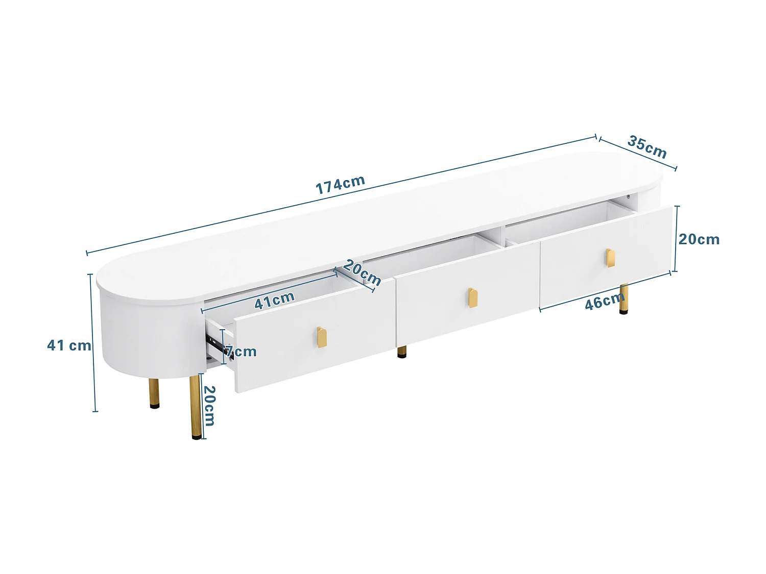 Meuble TV 174x35x41cm - Meuble Lowboard avec 3 tiroirs, poignées et pieds dorés, coins incurvés - en MDF Blanc